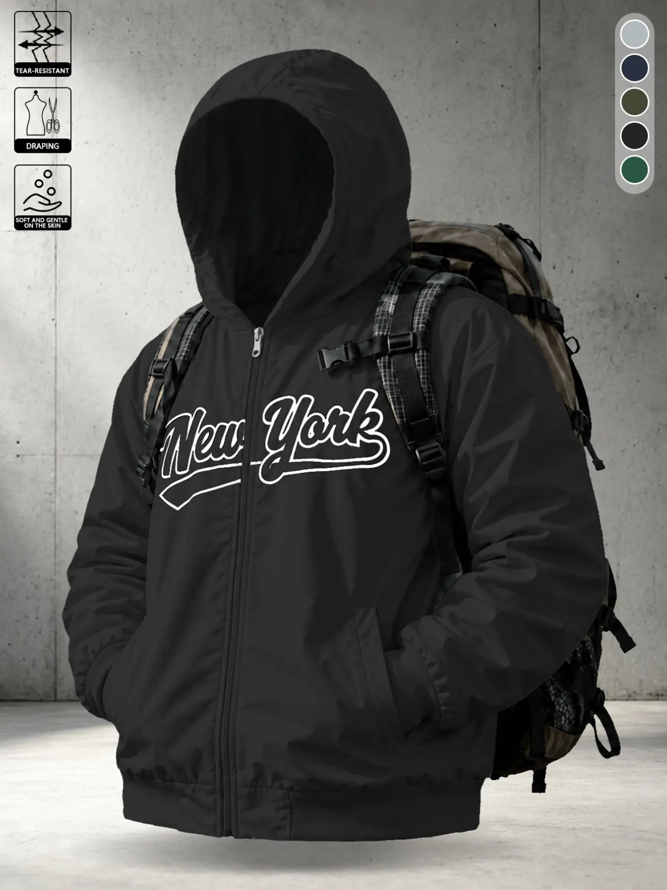 Men's American Style New York Print Hooded Windbreaker Jacket, Loose Fit Drop Shoulder Multi-Color Zip-Up Open Front, British Streetwear Outerwear