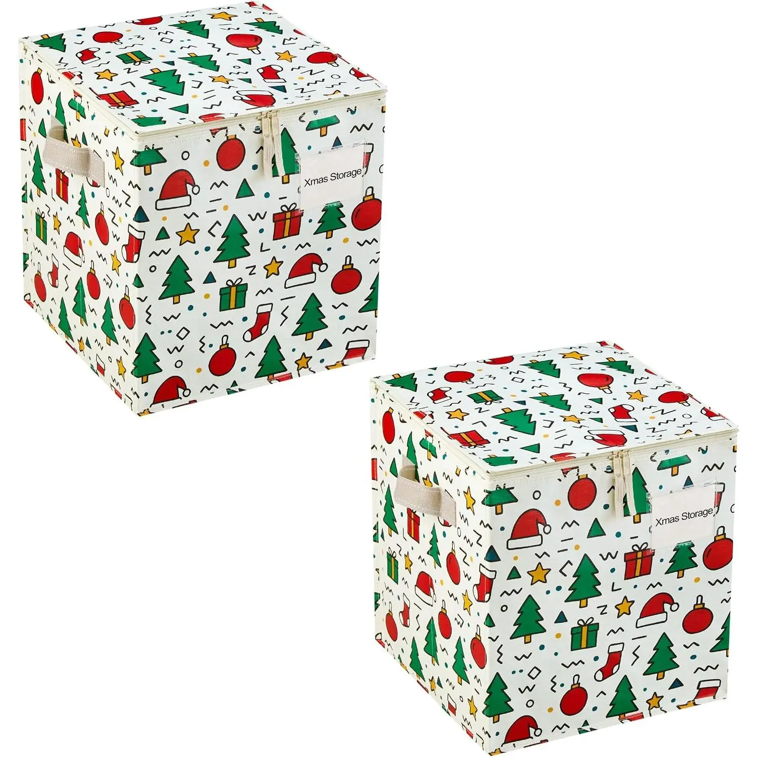 2 Pack Christmas Ornament Storage Box, Holiday Ornament Organizer with Adjustable Dividers, Sturdy Storage Containers for 64 Ornaments, Zippered Lid & Handles, 3" Cube (Jingle Mix)
