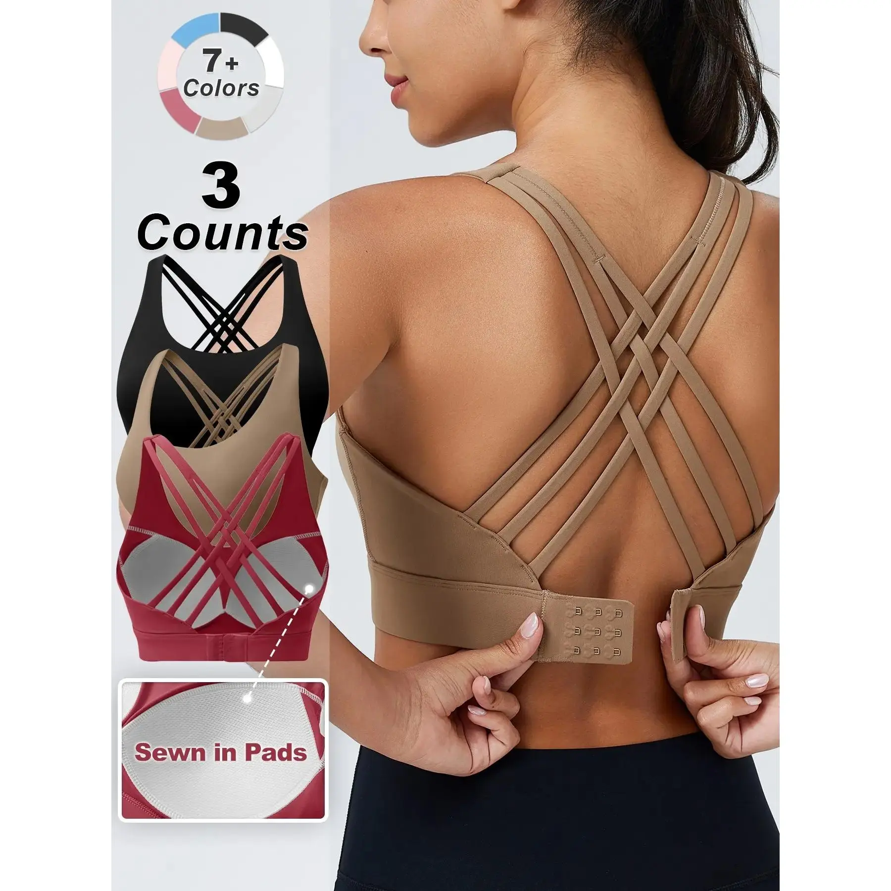 Sports Bra with Sewn in Pads,3 Row Adjustable Hook-eye Closure Criss-Cross Back,Soft and Breathable Non-removable Moulded Cups,High Impact Running Workout Bras for Women, Supportive Gym Bra,MothersDay Gifts