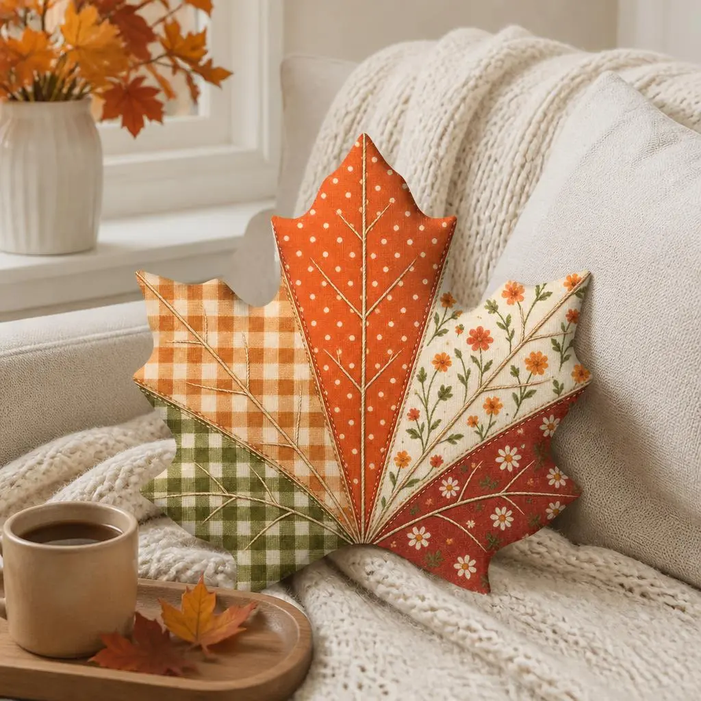 Autumn Maple Leaf Shaped Pillow Fall Harvest Cushion Rustic Farmhouse Throw Pillow Cottagecore Home Decor Sofa Accent Gift