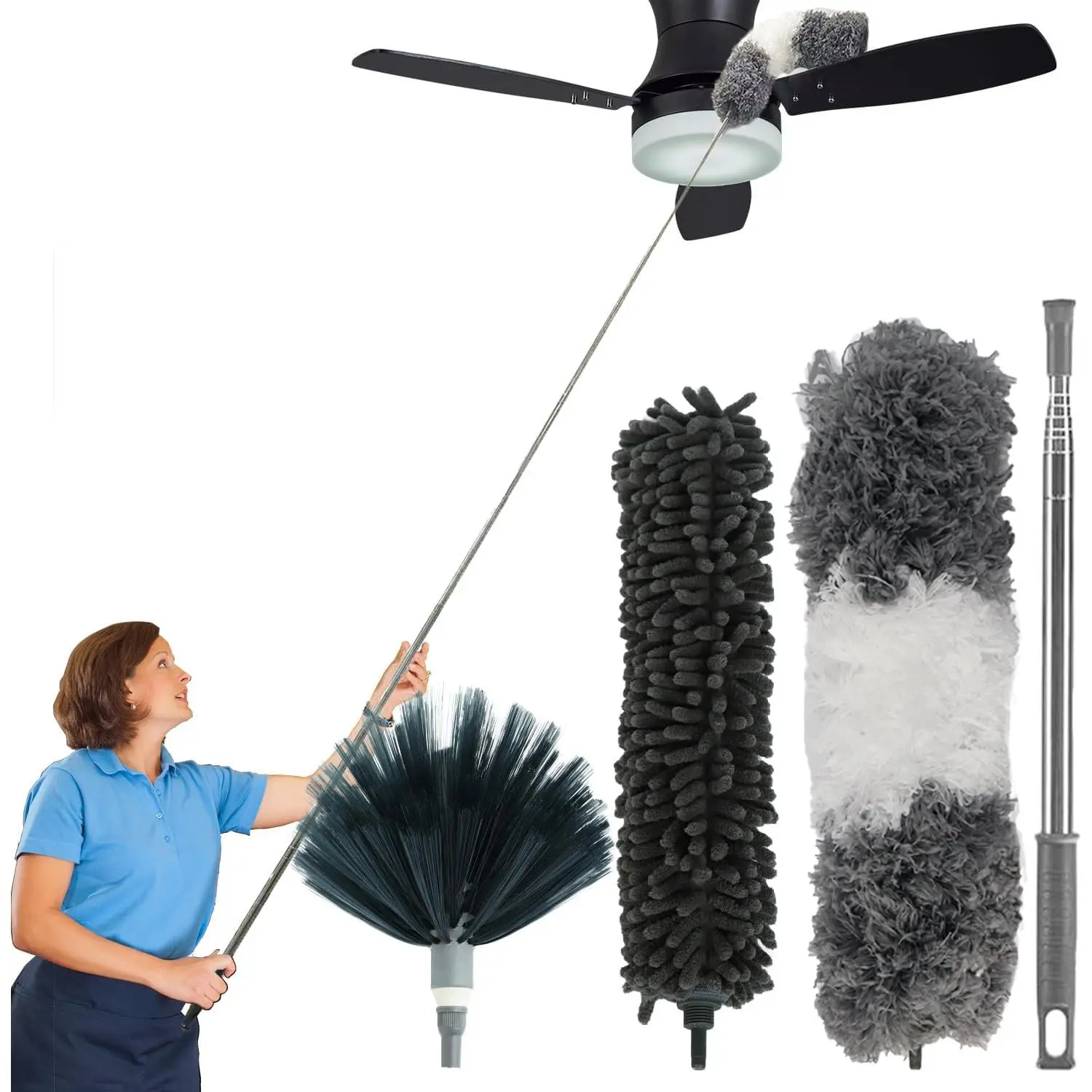4-in-1 Spider Web Brush with Pole,Microfiber Ceiling Fan Cleaner Duster | 3 Washable Heads,100" Extension Pole,Bendable Spider Web Brush for High Ceiling Fans Blinds Windows Wall Furniture
