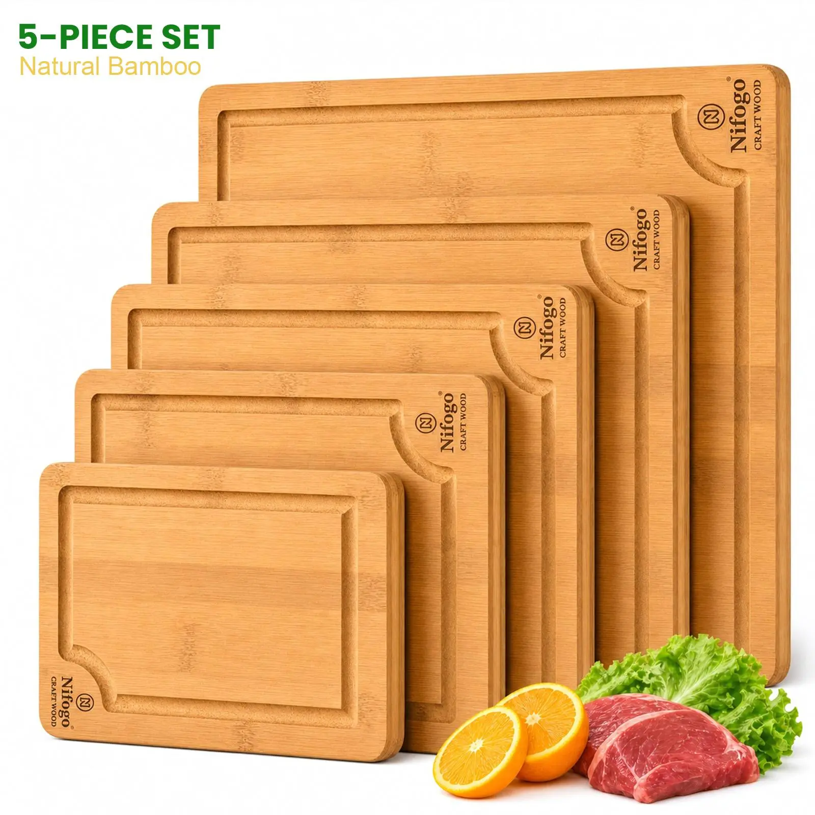 5 Packs Anti Spill Juice Bamboo Chopping Board 5 Pack High Density Bamboo Fiber Water Crack Proof Sized Board For Meat Fruit Cooked Food