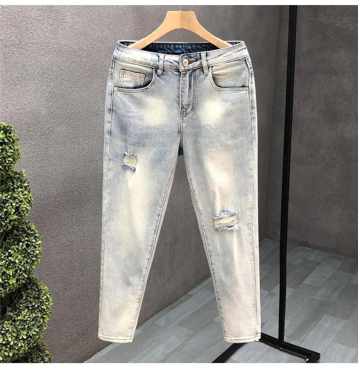 Spring and Autumn Ripped Jeans Men's Slim-fitting Small Feet Light-colored Summer Pants New Designer Kpop Men's Thin Trousers