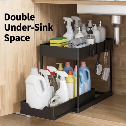 2-tier Sliding Cabinet Basket Storage Box with Hook, Plastic Storage Under Bathroom/Kitchen Sink, Space Saving Storage Organizer, Bathroom Accessories, Bathroom Organizing Accessories