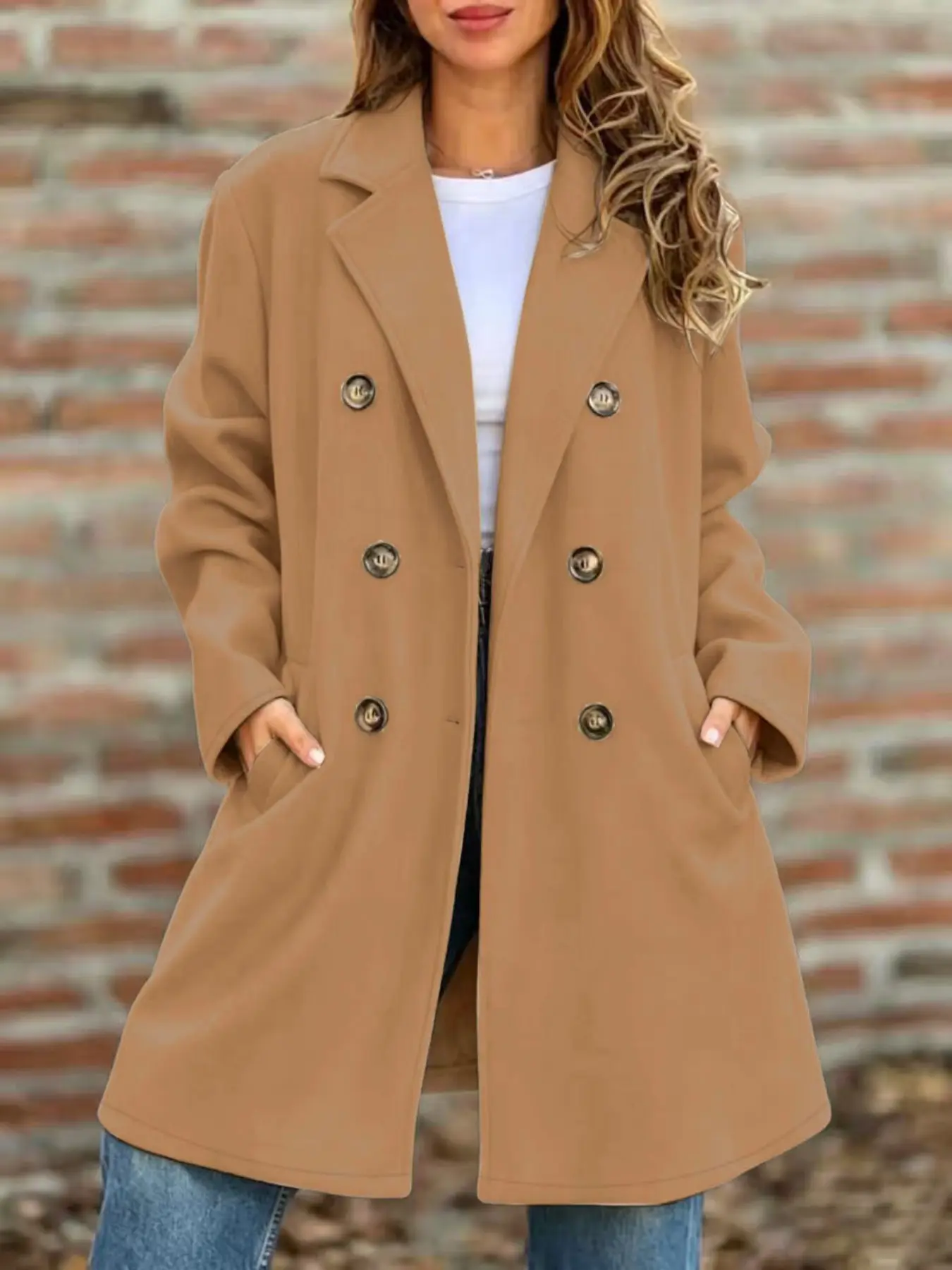 Elegant Street Style Fashion Woolen Coat for Autumn Winter, Lapel Double Button Design, Trendy Outerwear for Women, Warm and Stylish