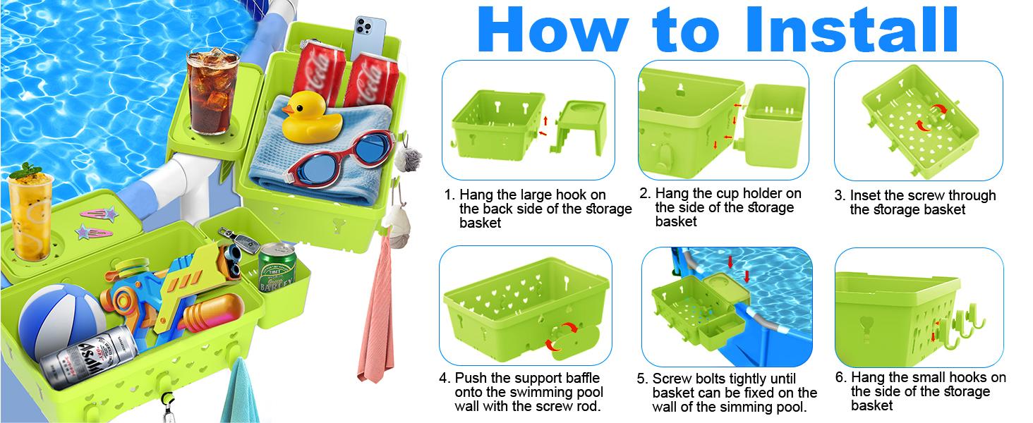 2 Sets Poolside Storage Basket for Above Ground Pool Accessories, Universal Fit Pool Storage with Cup Holders Large Capacity, Durable Pool Organizers for Towels Green