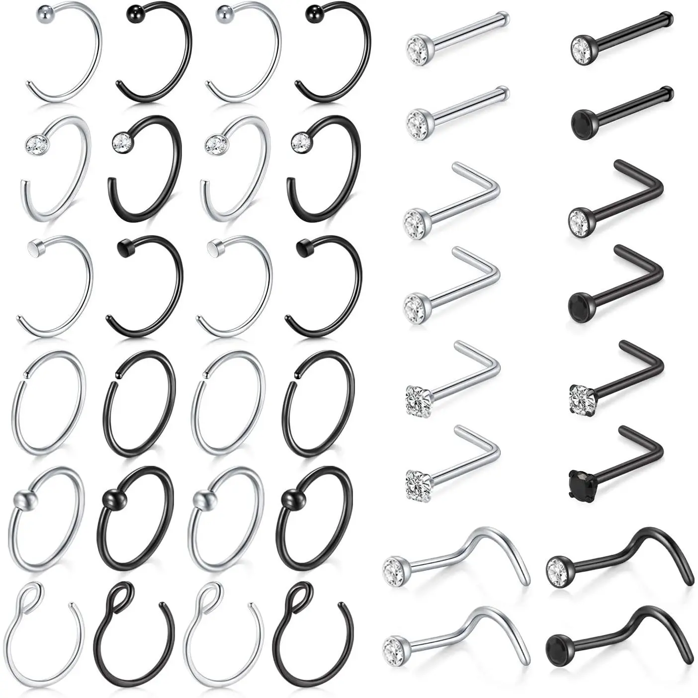 Unisex 18G Surgical Stainless Steel Hypoallergenic Body Jewelry, L-Shaped Nose Studs, Silver-Black Nostril Hoop Rings for Women Men, Piercings