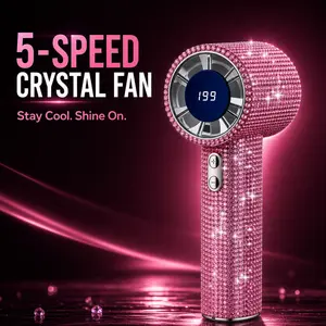 Pink Crystal Digital-Display Handheld Fan – 5-Speed High-Velocity Portable USB-C Fan; Ideal for Makeup, Travel, Concerts, and Soccer Game Day Stadium Viewing