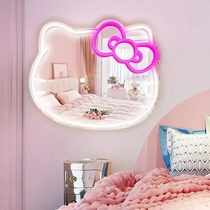 Kitty face Home Decorative mirror ,Anime Neon Sign for Dresser, Locker Room,Living Room, Neon Light up Acrylic Mirror with Dimmable Interior Led Pastel