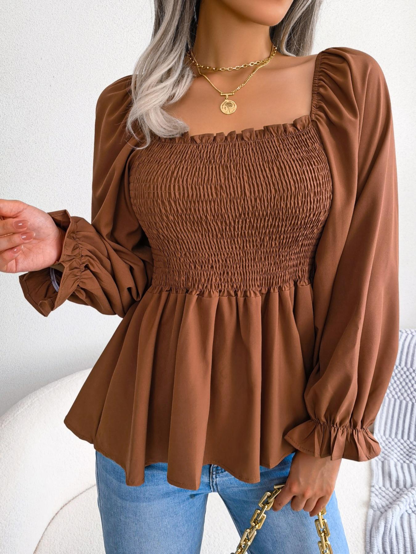 Superfancyfashion Women's Plain Frill Ruffle Shirred Square Neck Fitted Lightweight Chiffon Blouse Shirts, Solid Long Sleeve Flounce Sleeve Peplum Tops, Ladies Casual Clothes for Spring & Fall, Chic Elegance Style Womenswear