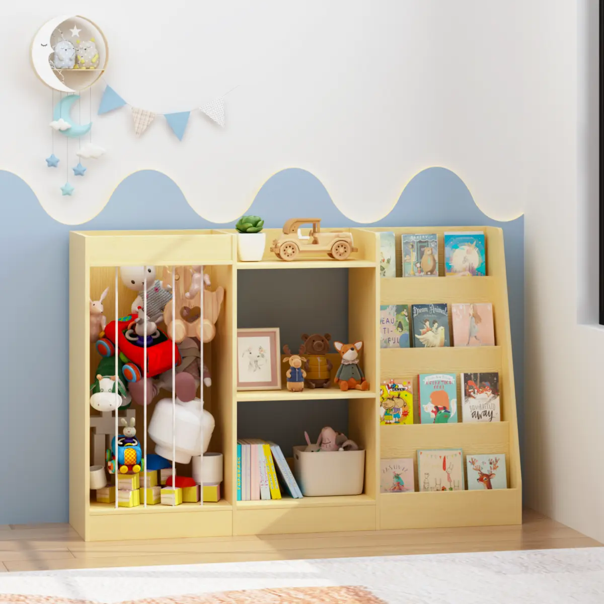 Toddler Bookcase and Toy Storage Rack - Low Display Shelf with Plush Animal Catcher, Kids Book Organizer for Nursery and Playroom
