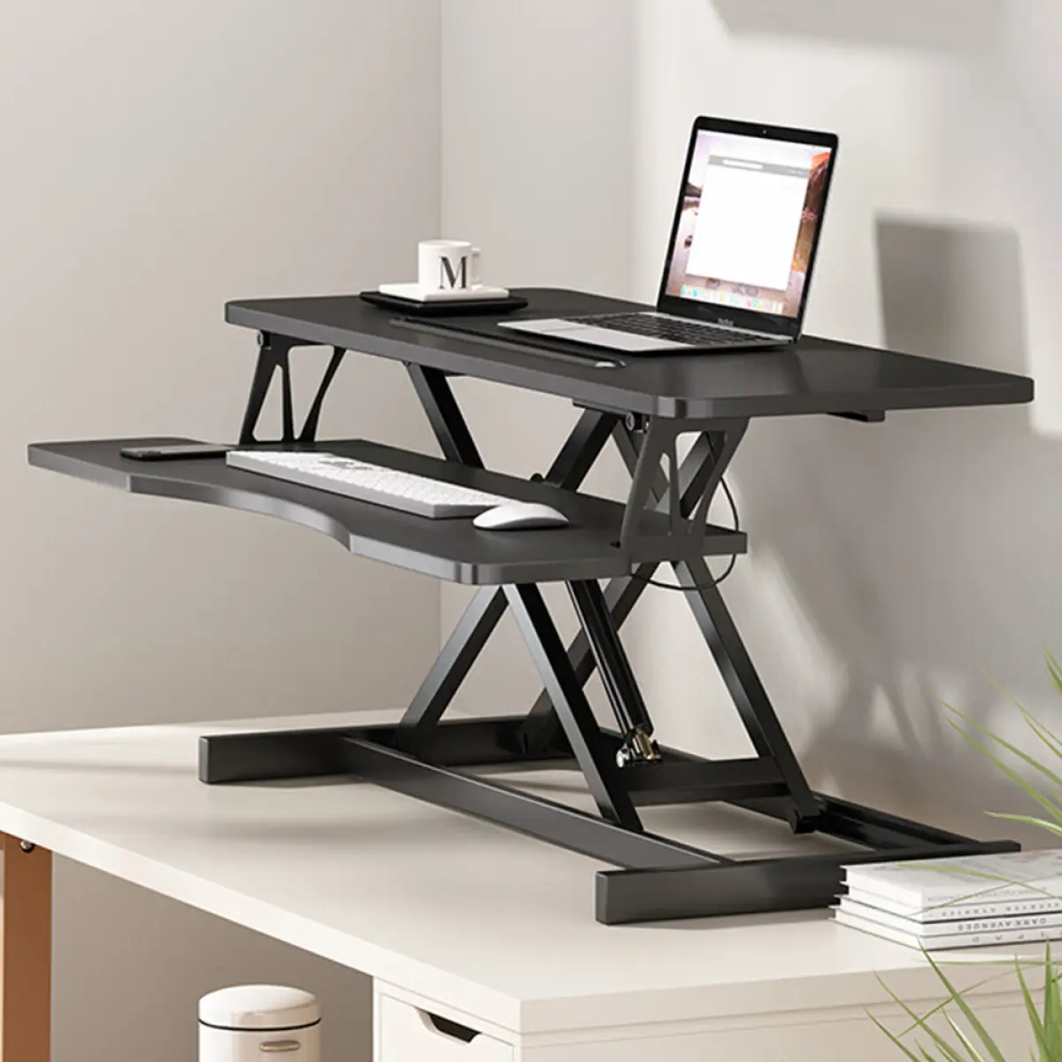 32 Inch Standing Desk Converter, Height Adjustable Sit to Stand Desk Riser with Wide Keyboard Tray, Dual Monitor and Laptop Workstation for Home Office, 4.3-19.8 Inch Height Range, 30 lb Weight Capacity, White
