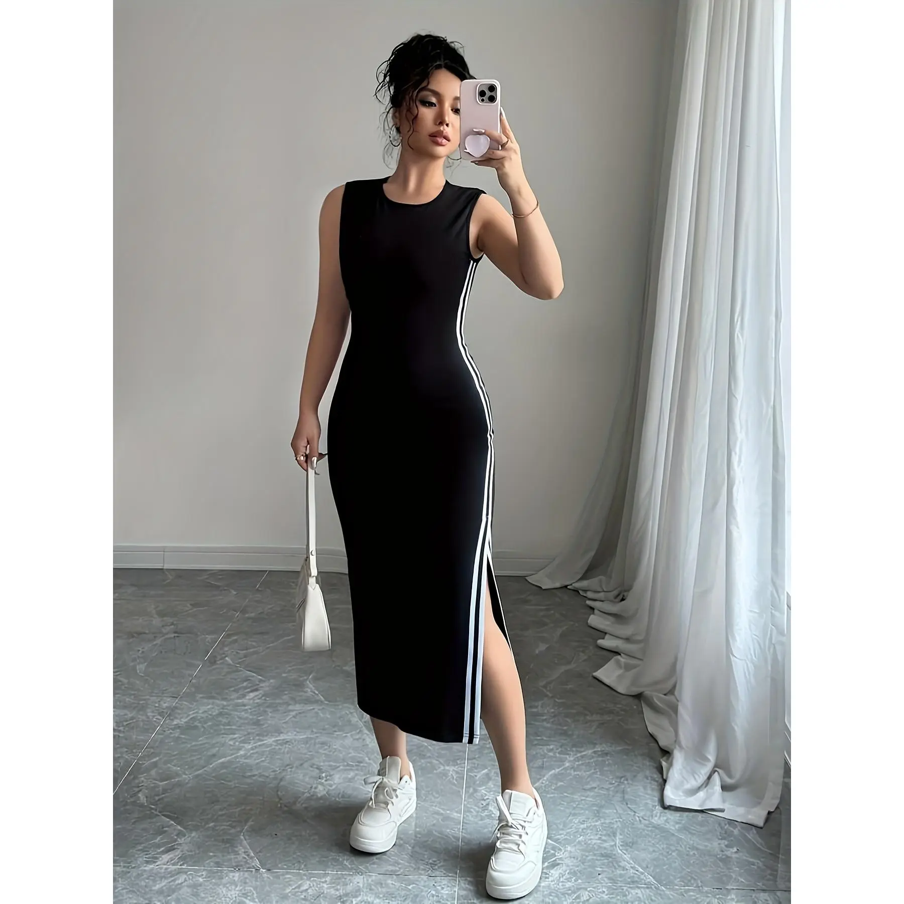 Women's Sleeveless Solid White Square Neck Polyester Dress - Ribbon-Trimmed, Skinny, Front Slit, Flowy, Elegant Sundress for Ladies, Ideal for Summer Beach Vacation Outfits, Gowns Fabric, Lady, Bodycon,pentecostal,dresses, Braid,anastas,stylish,maxi dress