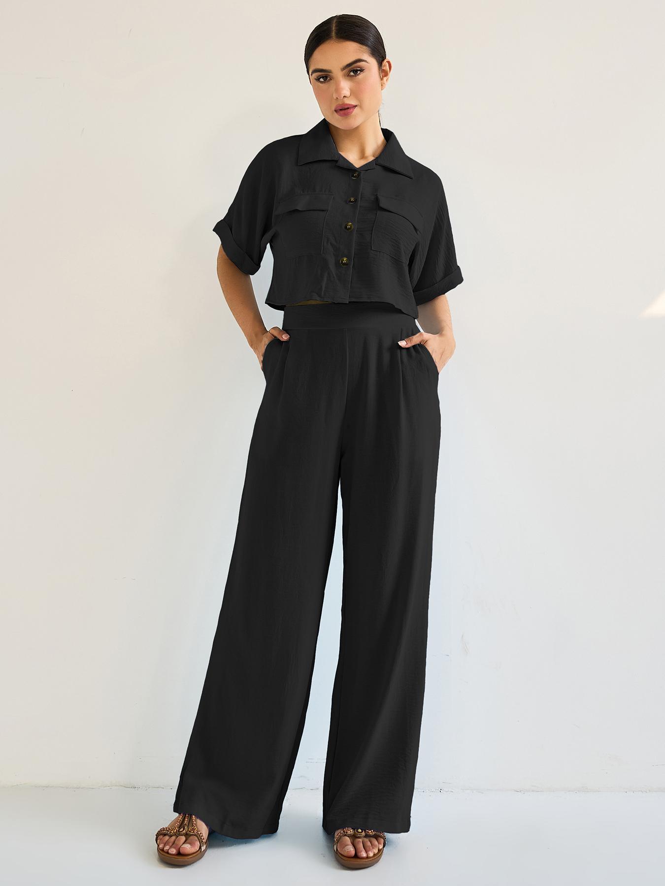 Women's Casual Loose-Fit Crop Top Set, Summer Woven Fabric, Moderate Thickness, Comfortable Fit, Perfect for Daily Wear, Casual Outfits Women