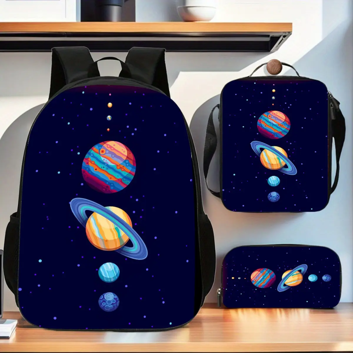 Solar System 3pcs/set High-Capacity Travel Backpack Includes Large Capacity Casual Double Shoulder Backpack, Pencil Bag and Lunch Box for School, Ideal for Travel, daily commut