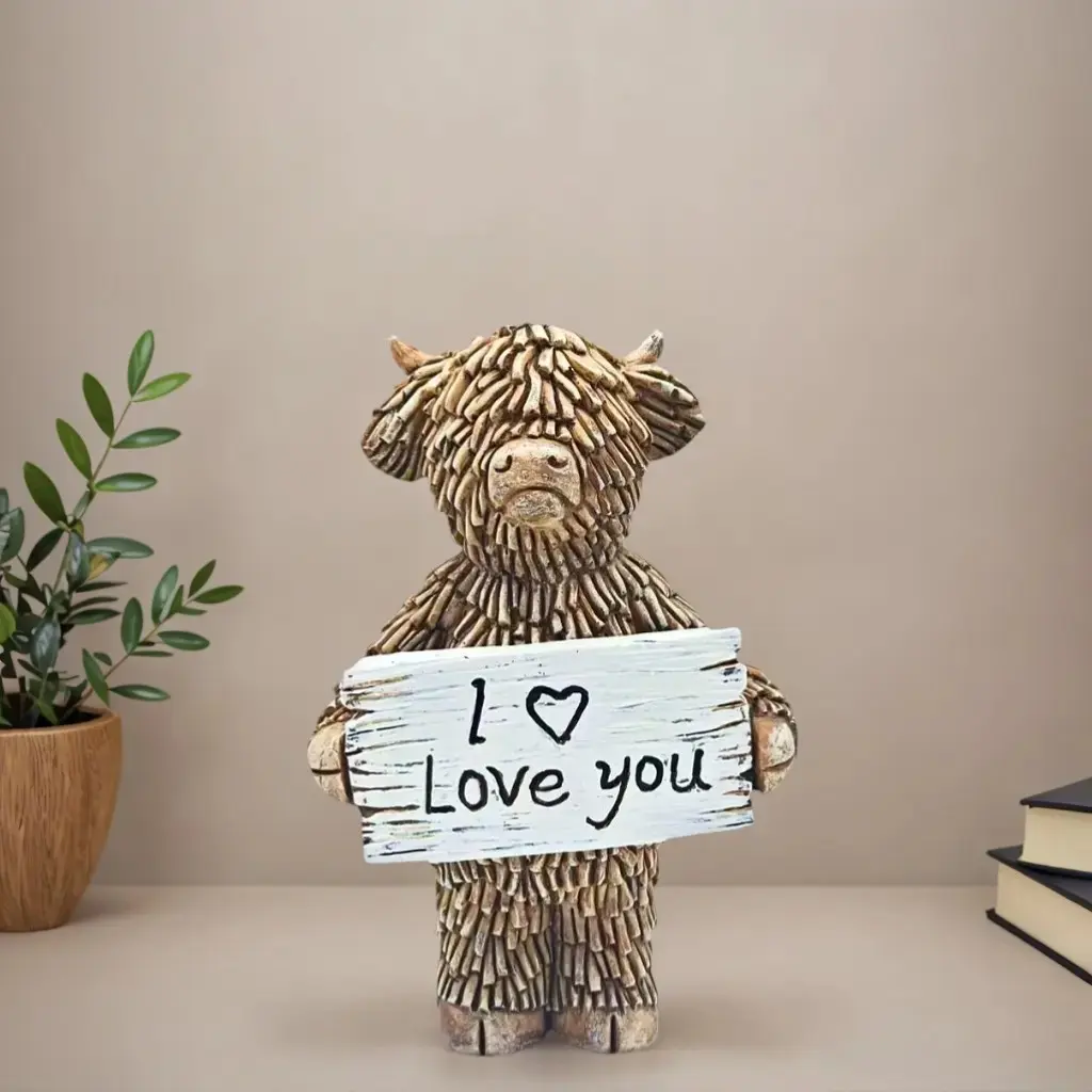 Halloween New Scottish Highland Cow Resin Figurine, Heart Inspirational Quote Desktop Home Decor, Unique Ornament for Living Room