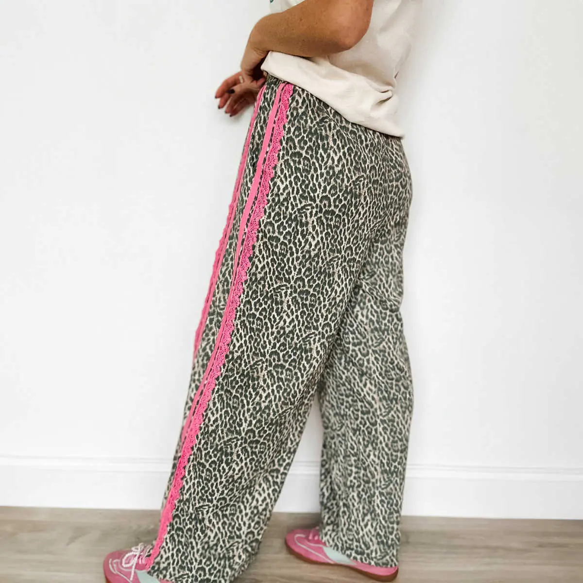 Brown Wild Leopard Print Contrast Lace Striped Detail Drawstring Pants