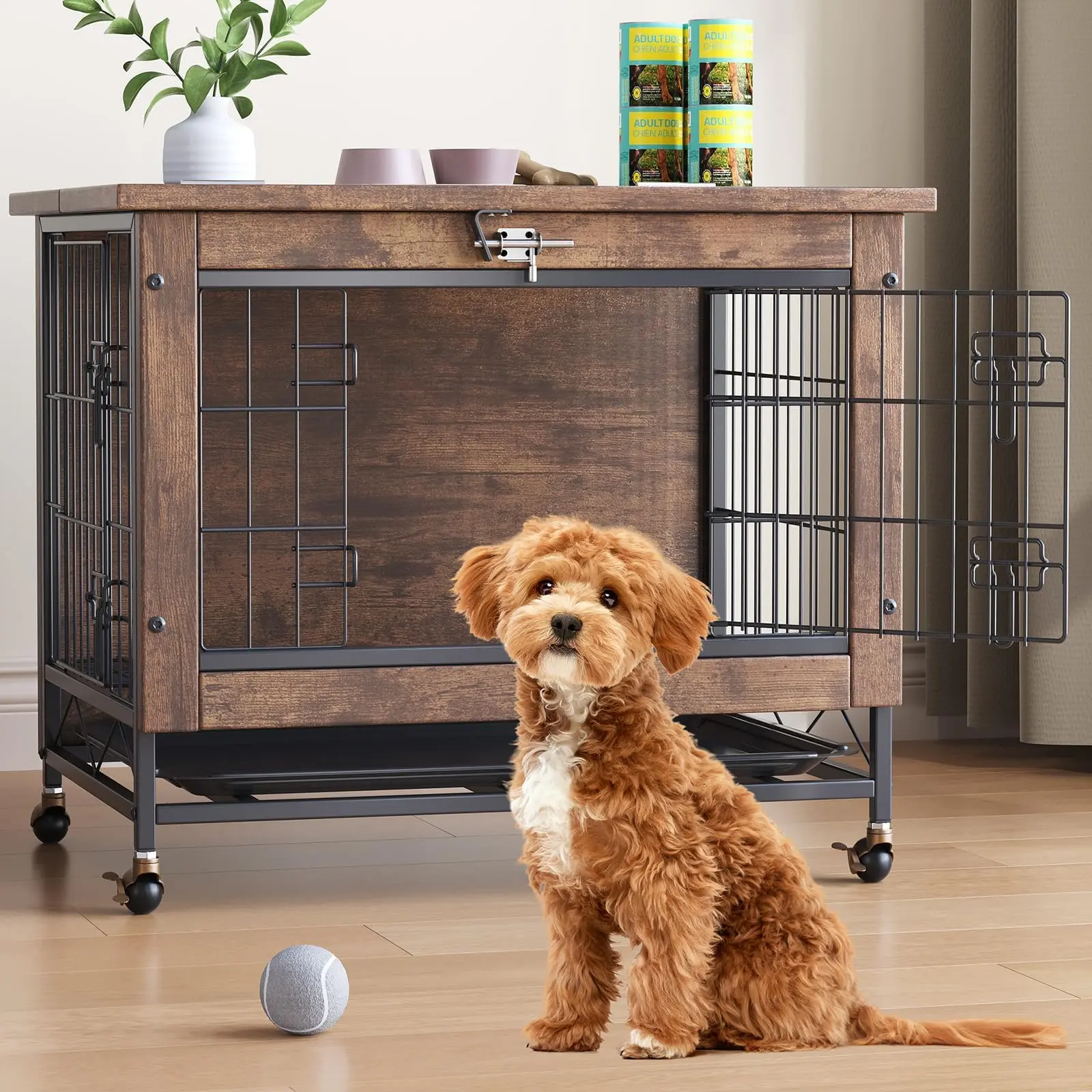 YJ-Garvee Rustic Brown Small Dog Crate Furniture with 2 Doors and Wheels, Includes Tray, Measures 26.4" W x 19.7" D x 25.6" H, Doubles as End Table and Dog Kennel