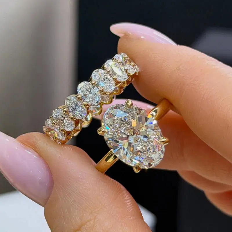 Loveden 18K Gold-Plated S925 Silver Oval Pigeon Egg Zircon Stackable Ring, Non-Tarnish Eternity Matching Band, Women's Wedding/Engagement Gift (Gold-Plated Stackable Rings)