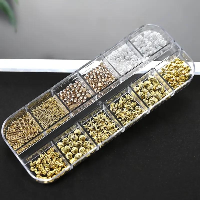 12 Grids 3D Ocean Nail Art Decorations, Mixed Sea Horse Starfish Conch Pearl Mini Caviar Beads Rhinestones, Seahorse Nail Art