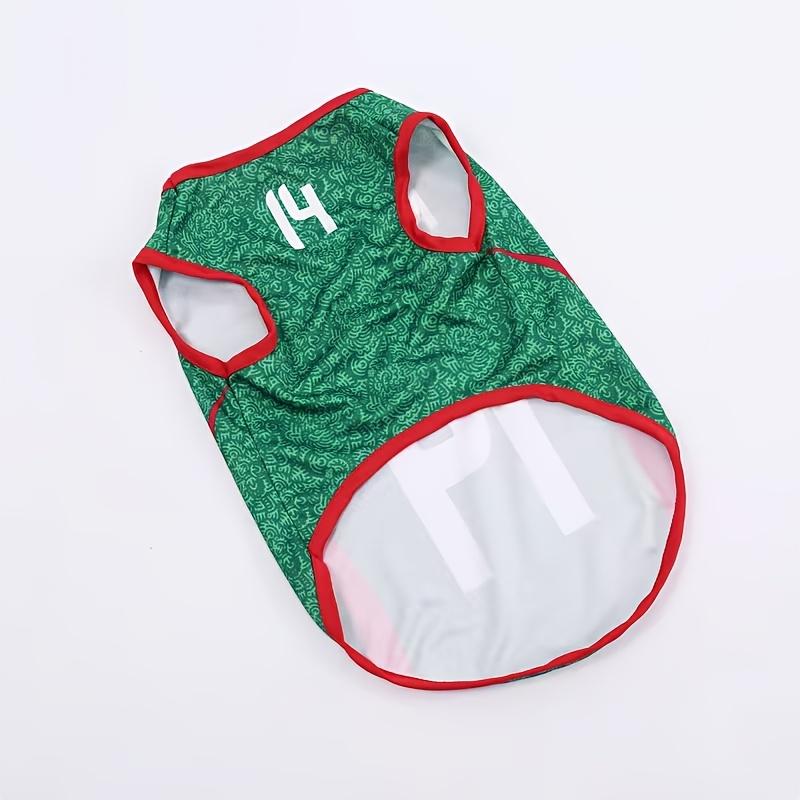 Mexico 2026 Soccer Pet Jersey - Sleeveless Breathable Fabric, Suitable for Dogs and Cats, Comfortable for All Seasons, Machine Washable, Fluorescent Green with Red and White Stripes and "Mexico 14" Number, Pet Sportswear, Lively Design