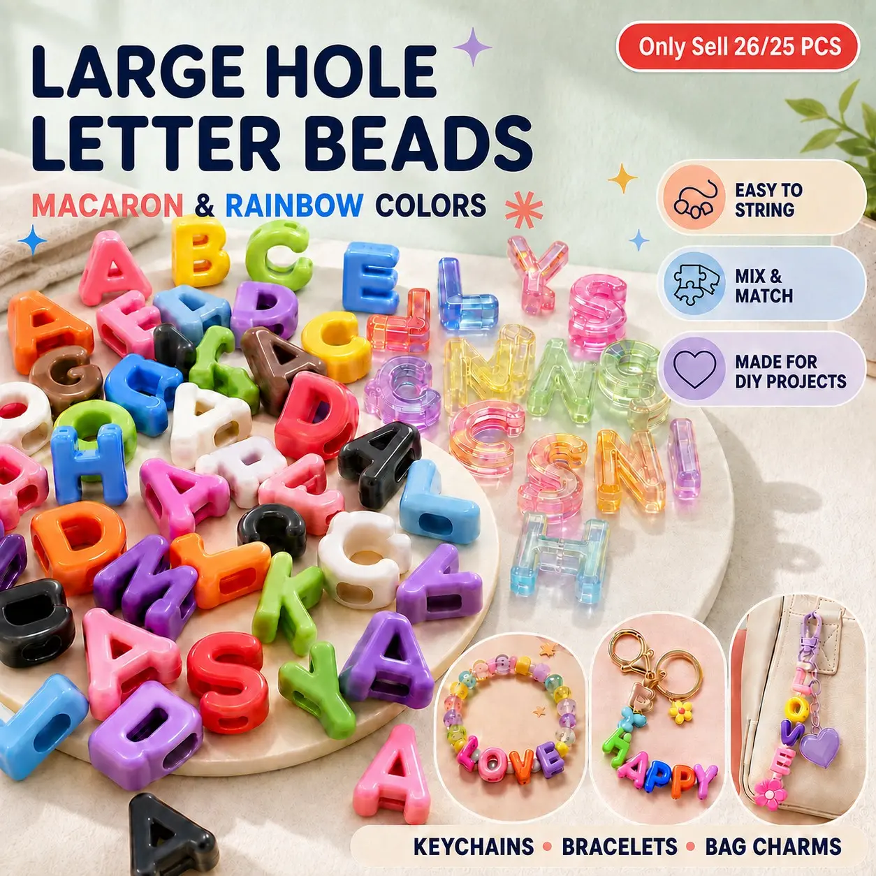 Large Letter Beads, Acrylic Macaron Color Beads, Large Hole Letter Bead, High-Quality Rainbow Letter Beads, DIY Craft Embellishments, With Large Holes for DIY Keychains, Bracelets, Necklaces and Bag Charms