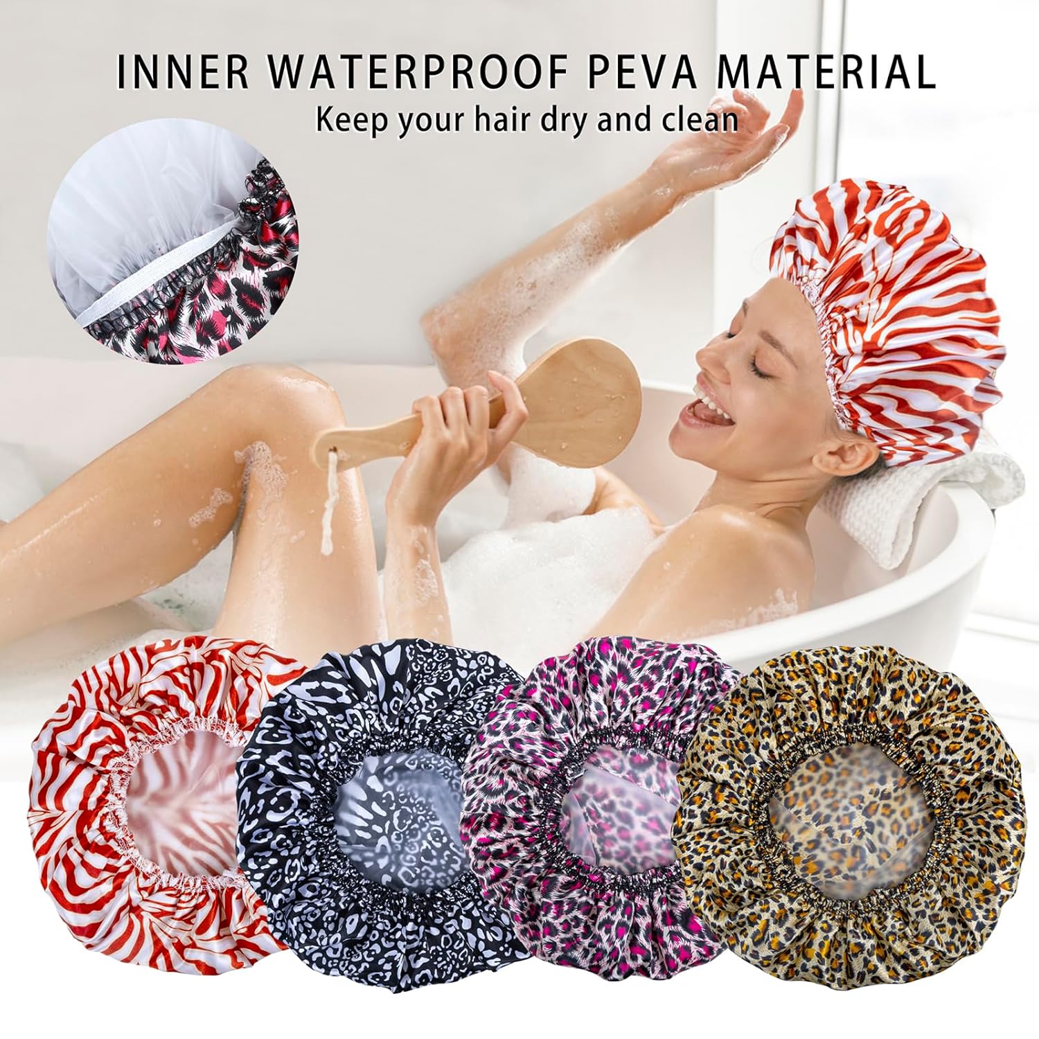 4 PCs reusable shower caps for women-double waterproof elastic bath caps, printed color, double layer design body bonnet hat light Set Plastic