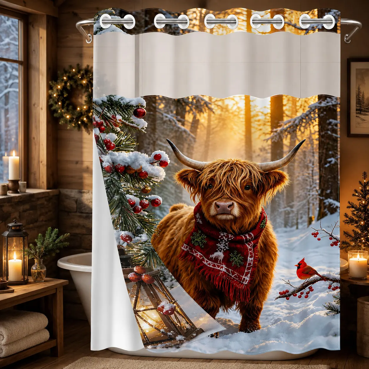 No Hooks Christmas Highland Cow Winter Forest Shower Curtain with Snap-In Liner, Double-Layer Waterproof Fabric, Sheer Mesh Top, Removable White Liner, Rustic Farmhouse Bathroom Decor, Hotel, Dormitory and Bathroom Accessories, 72x75in