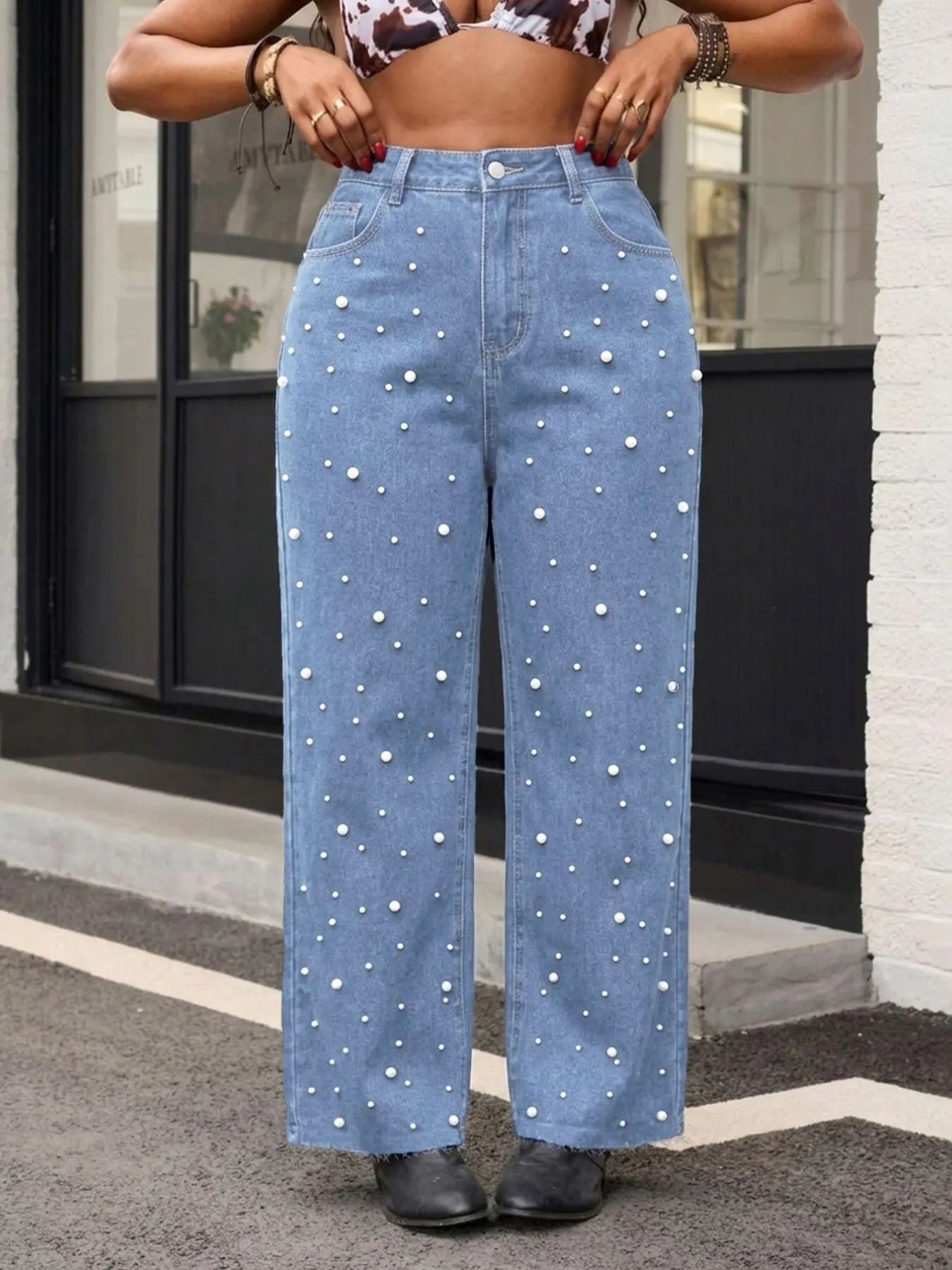 Plus Size Women's Fashion Casual Beaded Edge Wide Leg Jeans, High Waist Stretchy Fabric, All Season for Dates and Outdoor Activities