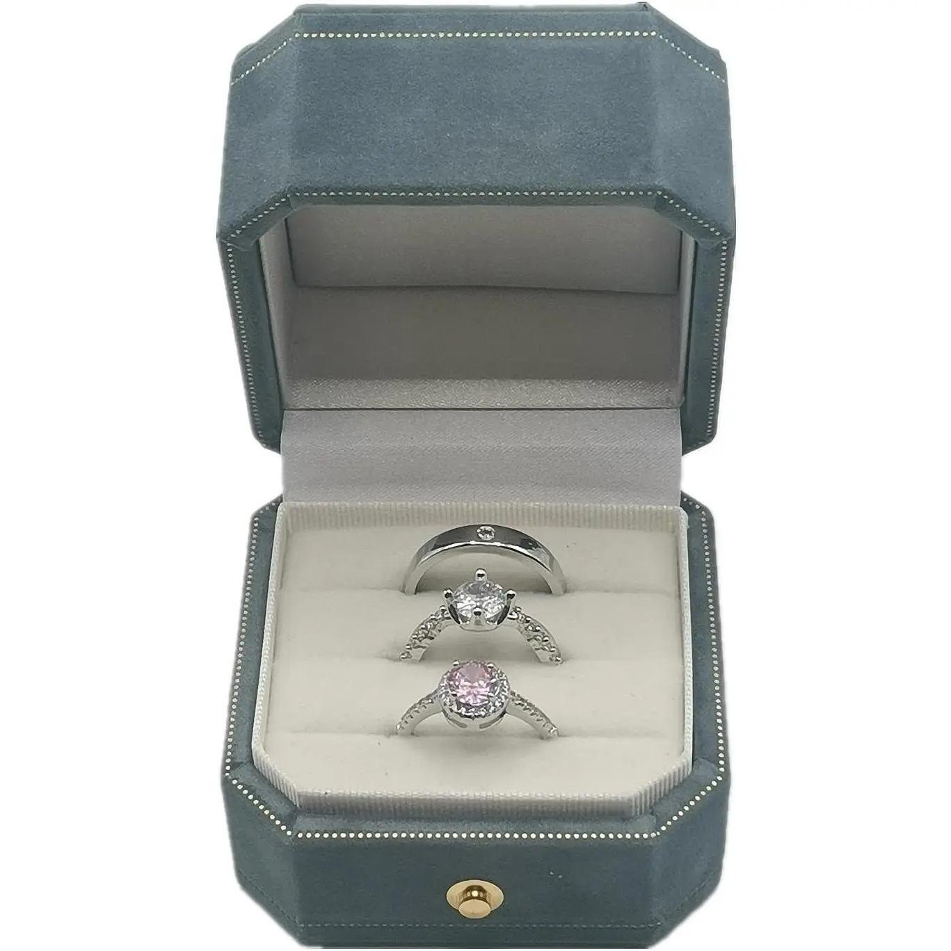 3 Slots Velvet Jewelry Ring Box, Octagon Engagement Ring Box Ring Display Holder Case with Hinged Lid for Proposal Engagement Wedding, 2.44x2.44x2.17 IN U2-PRB003 Lake Blue