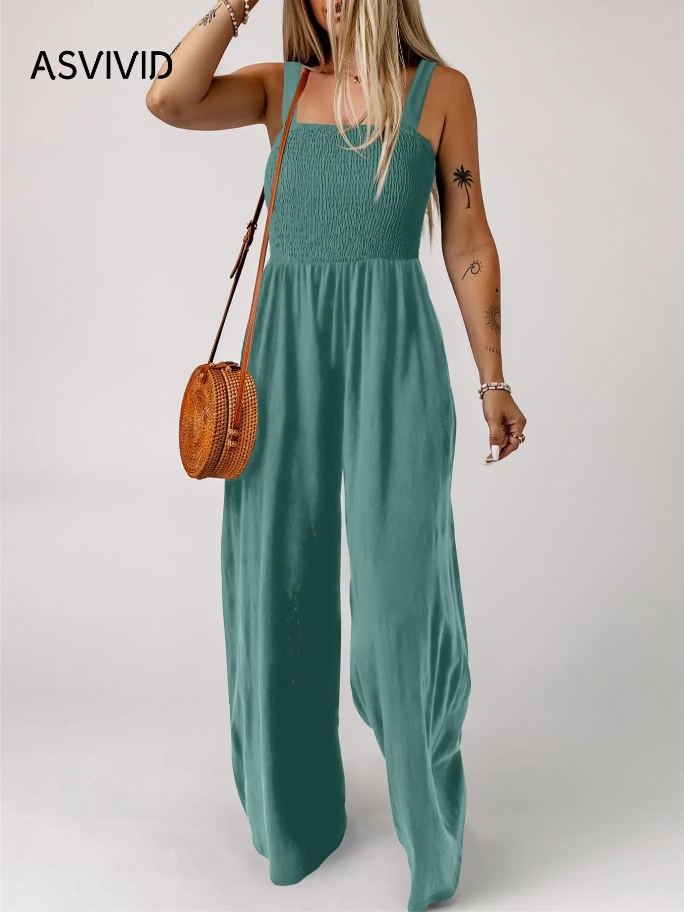 Women's Summer Plain Backless Shirred Wide Leg Cami Jumpsuit, Summer Clothes Women, Convenience Casual Pocket Square Neck High Waist Overall Jumpsuit, Ladies Clothes for Daily Wear