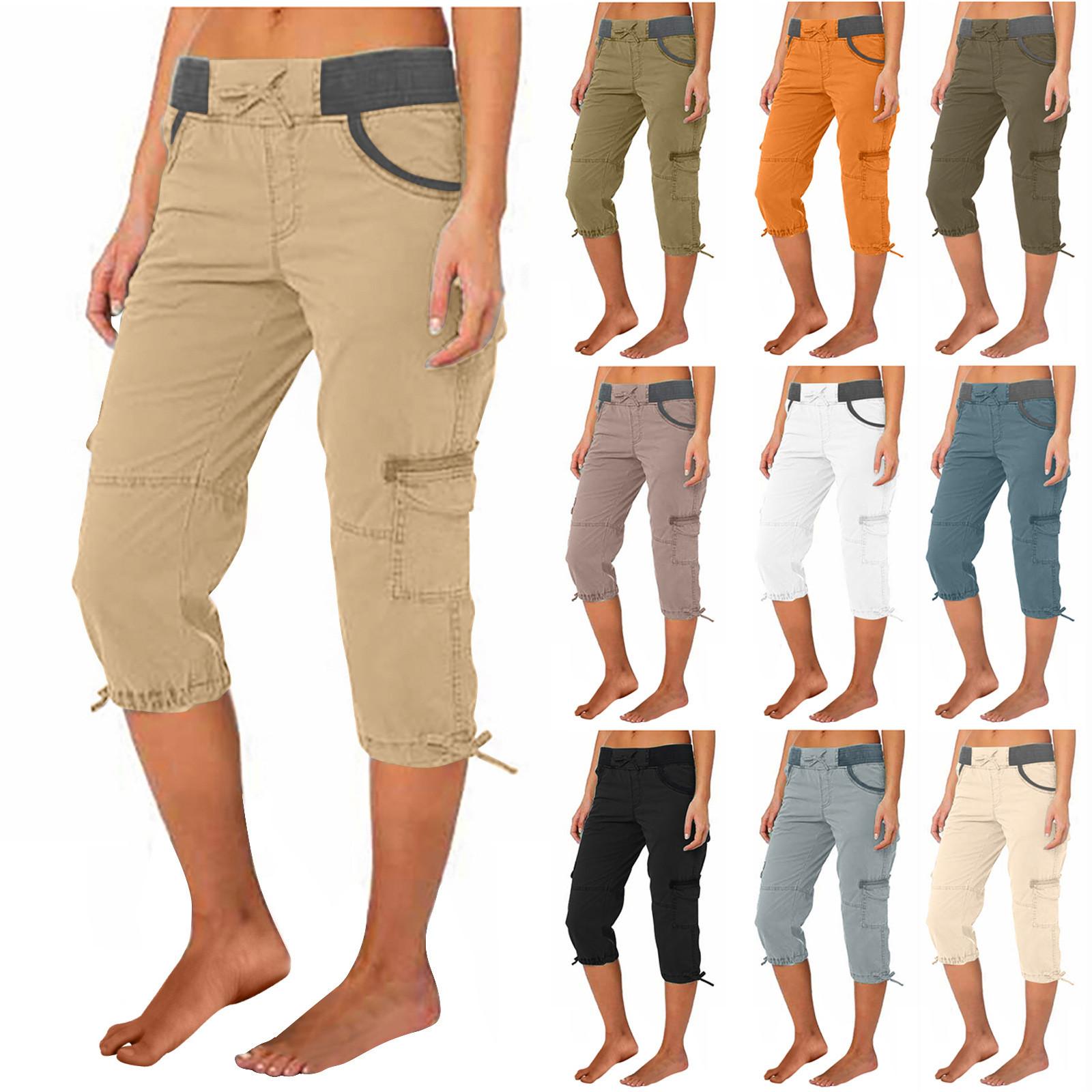 Women Cargo Capris Soild Casual Pants With Pocket Drawstring Outdoor Hiking Pants Women'S Slacks Thin Streetwear Tops Chic White Womenswear Bottom Comfort Basic