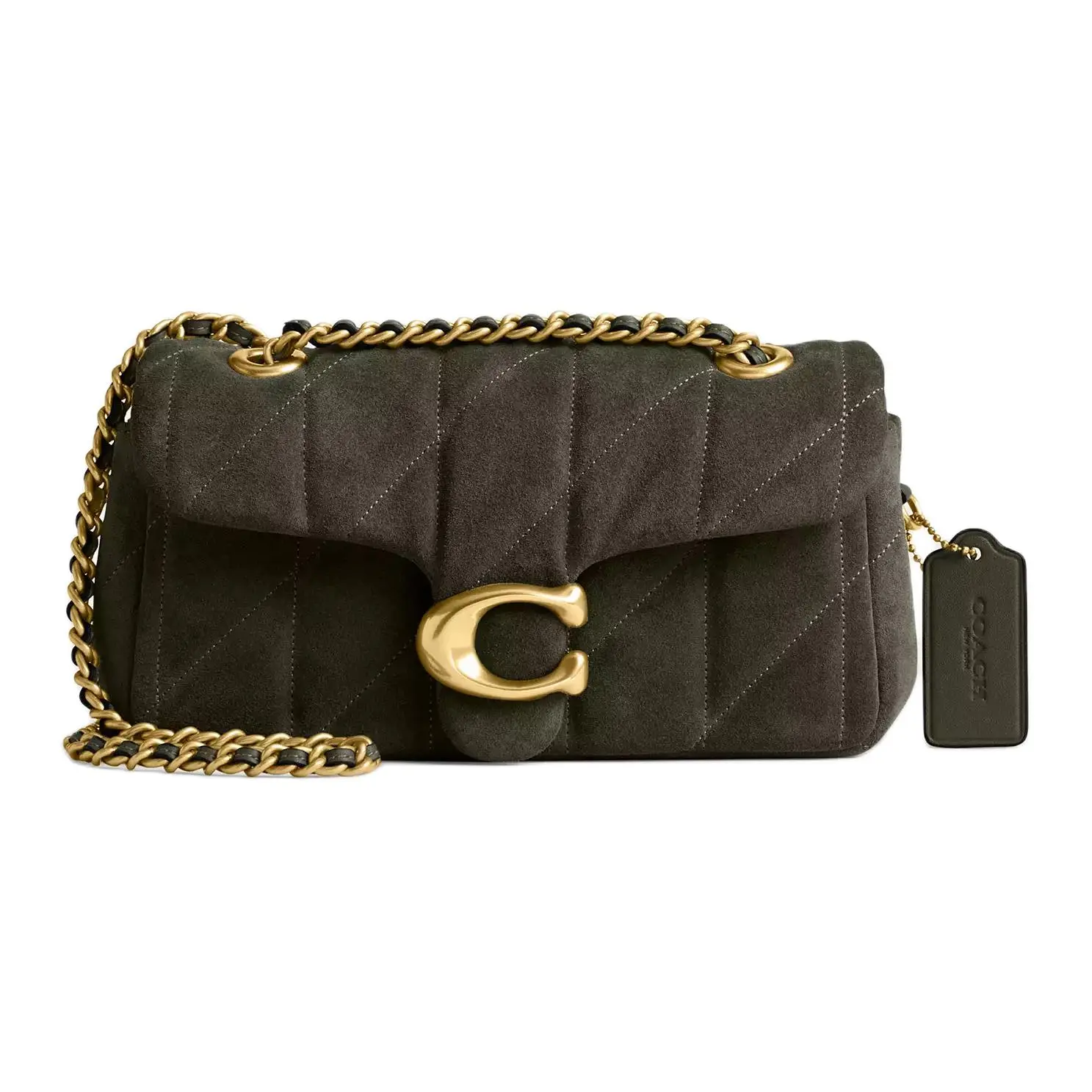 COACH Tabby 20 Quilted Suede Crossbody Bag for Women with Signature Hardware and Magnetic Snap Closure – Brass and Olive Green