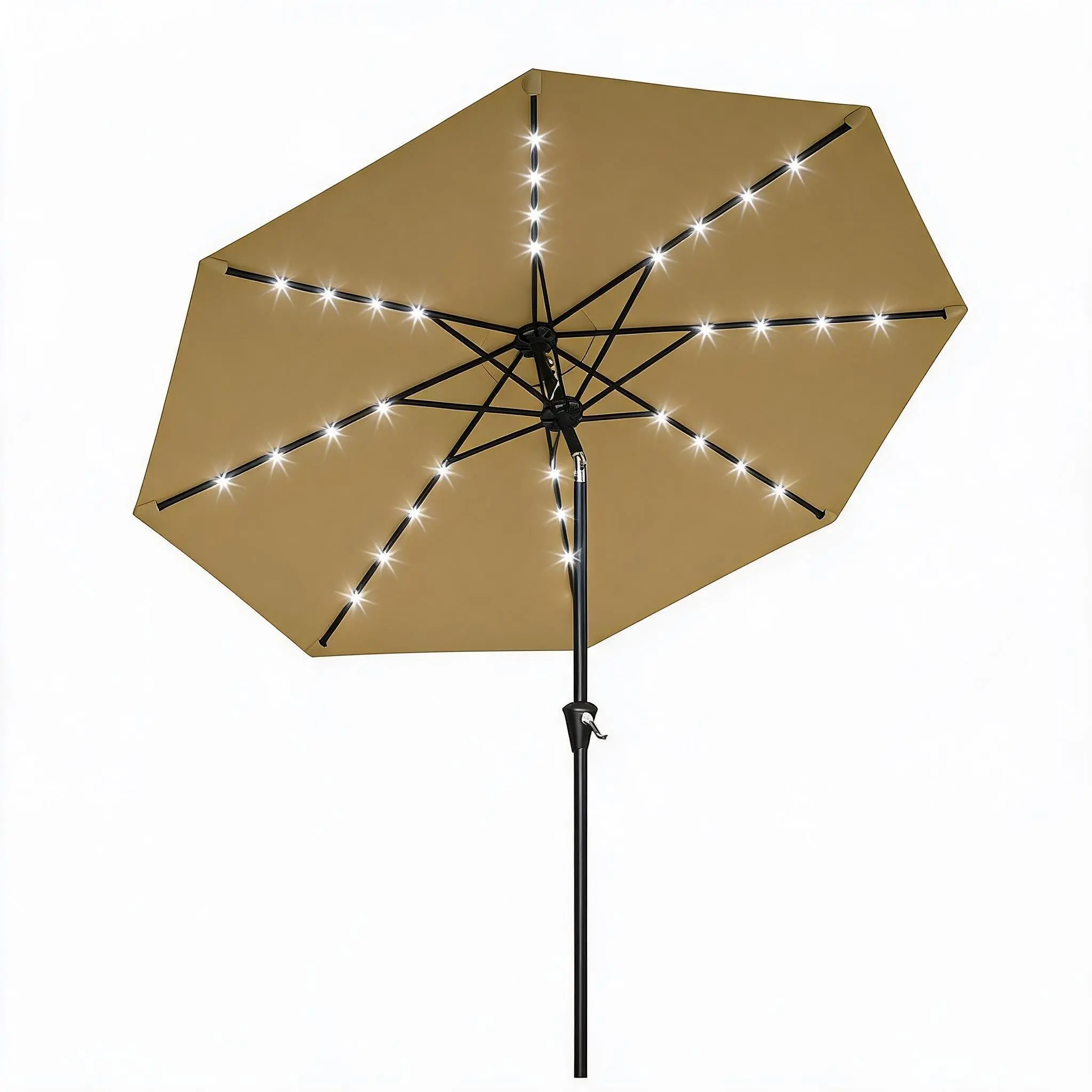 10ft Round Solar LED Patio Umbrella with 32 Lights for Outside, Outdoor Lighting Products - UPF 50+ UV Protection, Waterproof Vented Canopy - Crank Lift, Push Button Tilt - 8-Rib Market Ribbed Table Umbrella