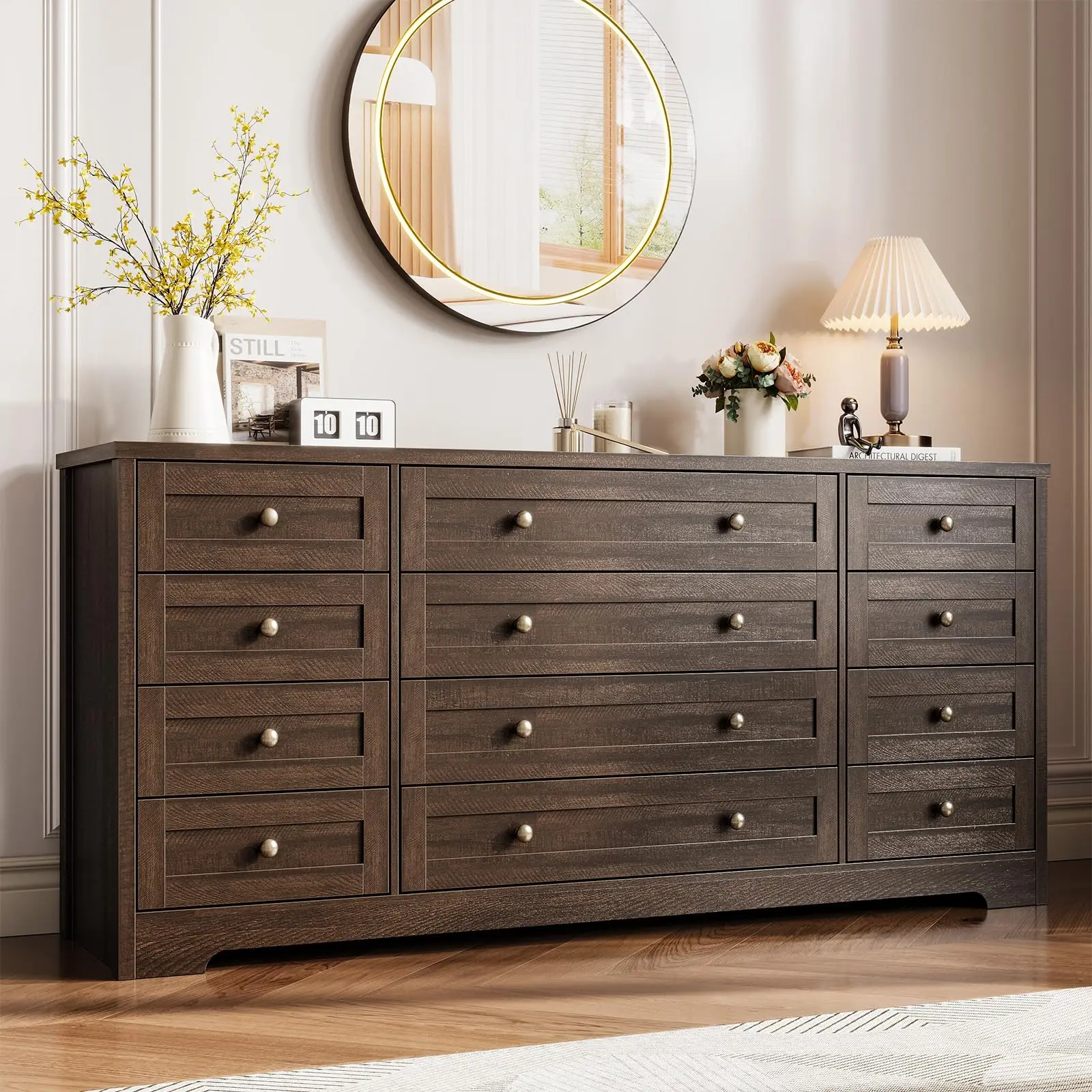 Garvee 12-Drawer Solid Wood Dresser, 63" Long Modern Chest of Drawers for Bedroom, Living Room, Hallway, 16" Wide TV Stand Dresser Suitable for 65-Inch TV