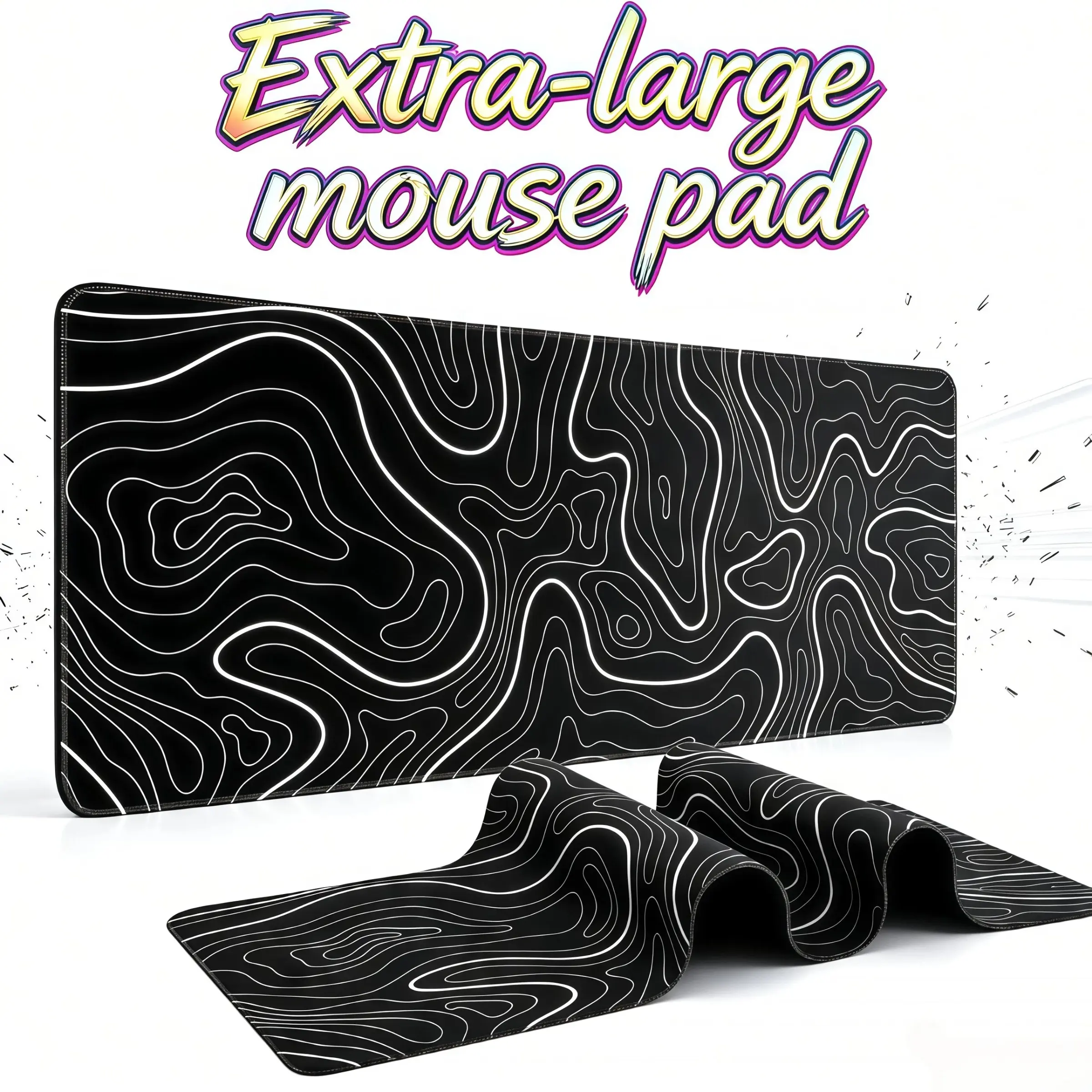 Extra-Large Mouse Pad - Gaming Mousepad 31.5 X 11.81in Large Mouse Pad for Keyboard and Mouse with Anti-Slip Rubber Base, Keyboard Pad Xl Mouse Mat for Home and Office（black with White Topographic Line）
