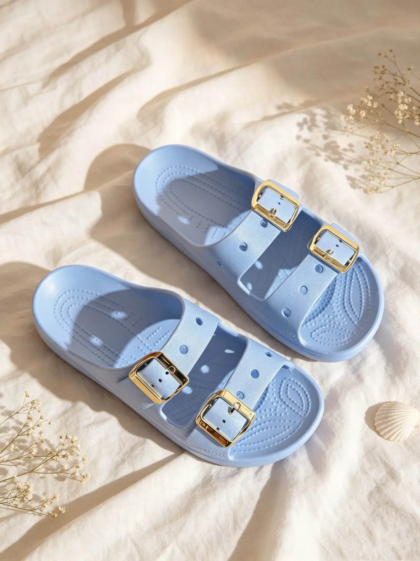 Minimal Dual Band Metal Buckle Adjustable Slide Slippers For Women, Lightweight Molded Body Textured Massage Insole Low Raised Sole Holiday Home Fashion Sandals