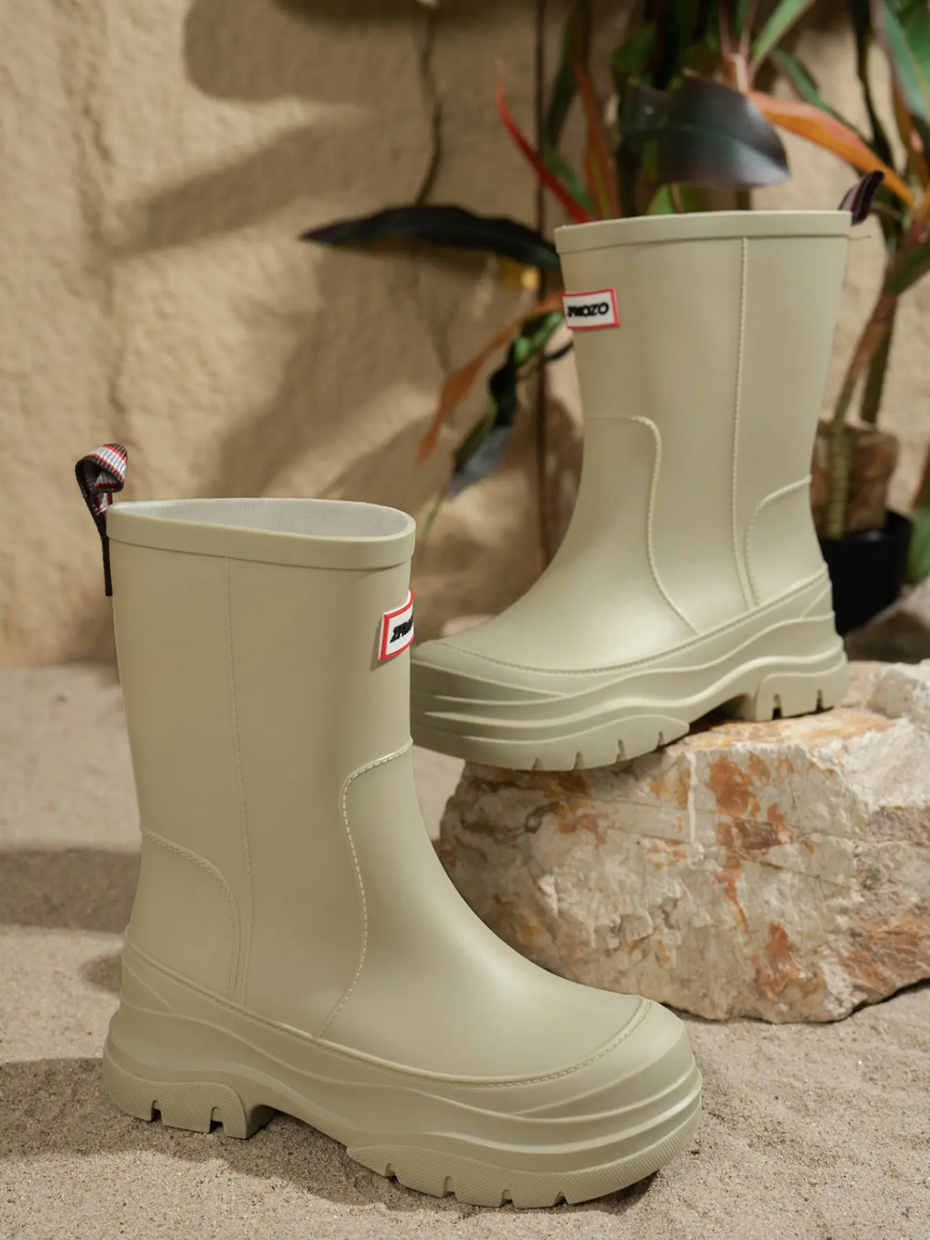 Women Mid Calf Waterproof Rain Boots, Boho Style, Boho Aesthetic, PU Leather, Rubber Sole, Solid Color, Slip-On, Outdoor, Gardening, Camping, Daily Use