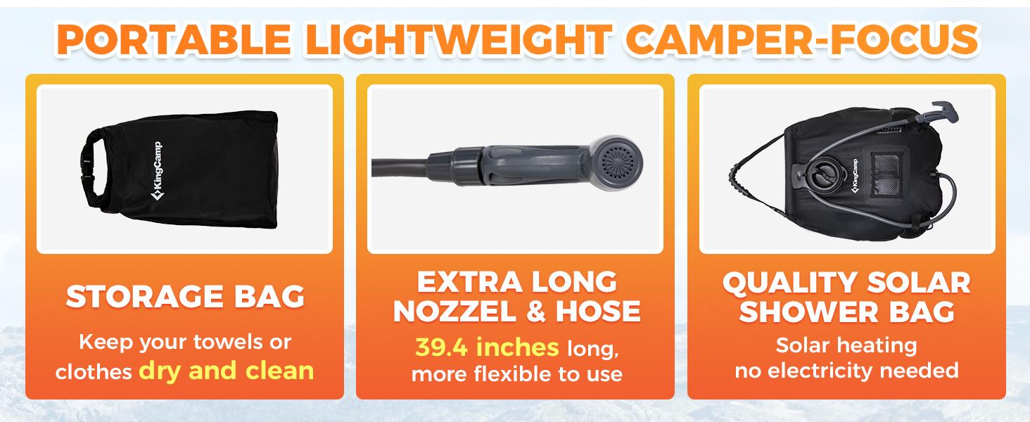 KingCamp Solar Shower Bag, Leak-Proof Design Camping Shower Bag with Thermometer, Removable Hose & Switchable Shower Head, 5 gallon/20L