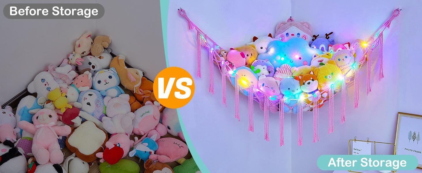 Stuffed Animals Net or Hammock with LED Light, Hanging Stuffed Animals Storage Toy Hammock Net Corner Wall Girls Room Decor Toy Storage Organizer, Purple,