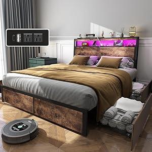 Queen Size Bed Frame with 4 Storage Drawers and Headboard with Charging Station and LED Lights,2 Tier Solid Wood Headboard Storage/Noise Free/No Box Spring Needed/Remote Control/Rustic Grey