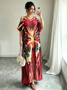 Women's Traditional Muslim Long Dress, Summer Beach Vacation Split Full Print Hollow Out Abaya, Loose-Fitting Casual Wear Boho Casual Fashion