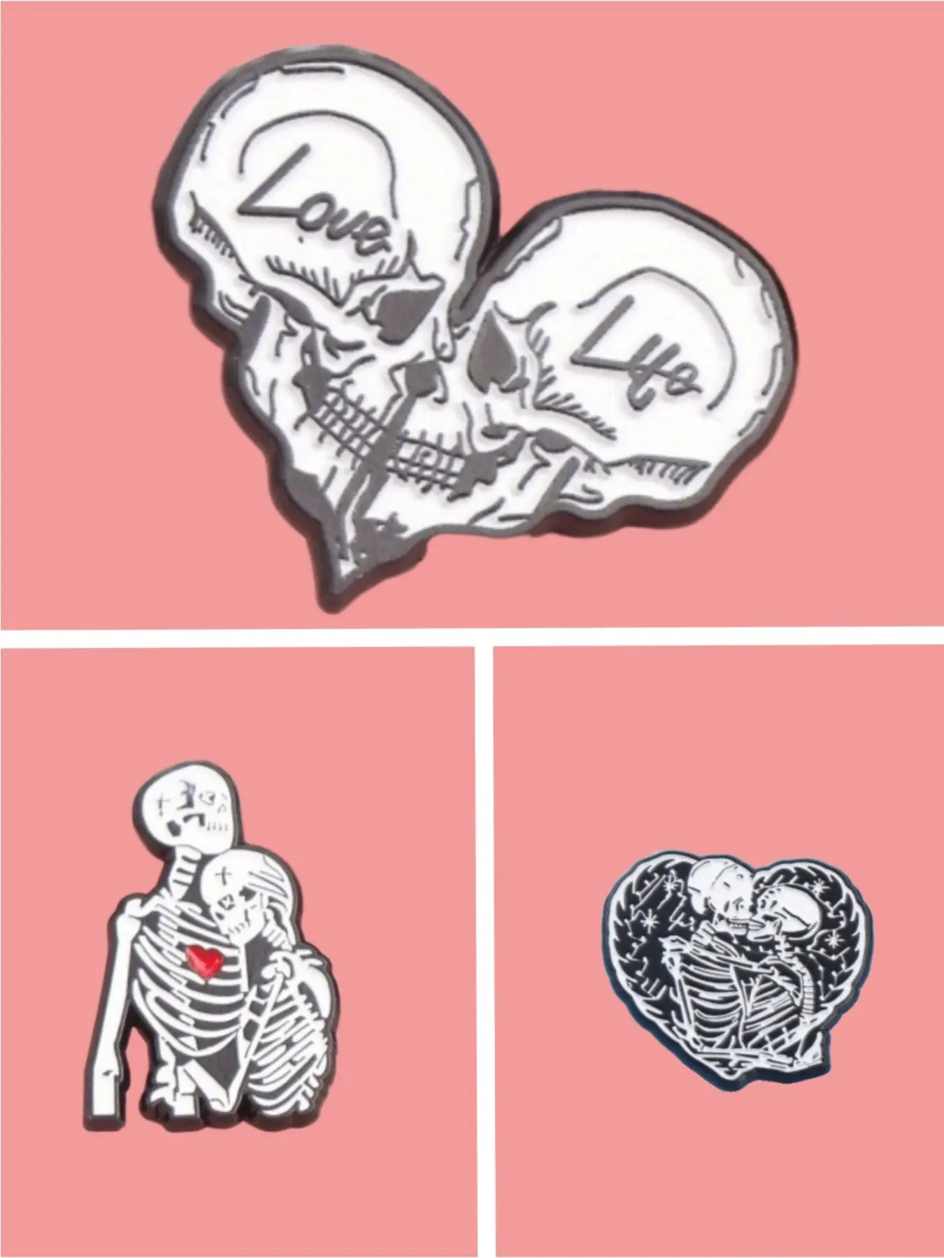 3Pcs Gothic Skeleton Love Heart Enamel Pin Set, Lapel Badge Brooches for Bags, Jackets, Hats, Dark - Themed Valentine's Accessories Halloween Party Gift for Gothic & Dark Romance Fans, Enamel Lapel Pins