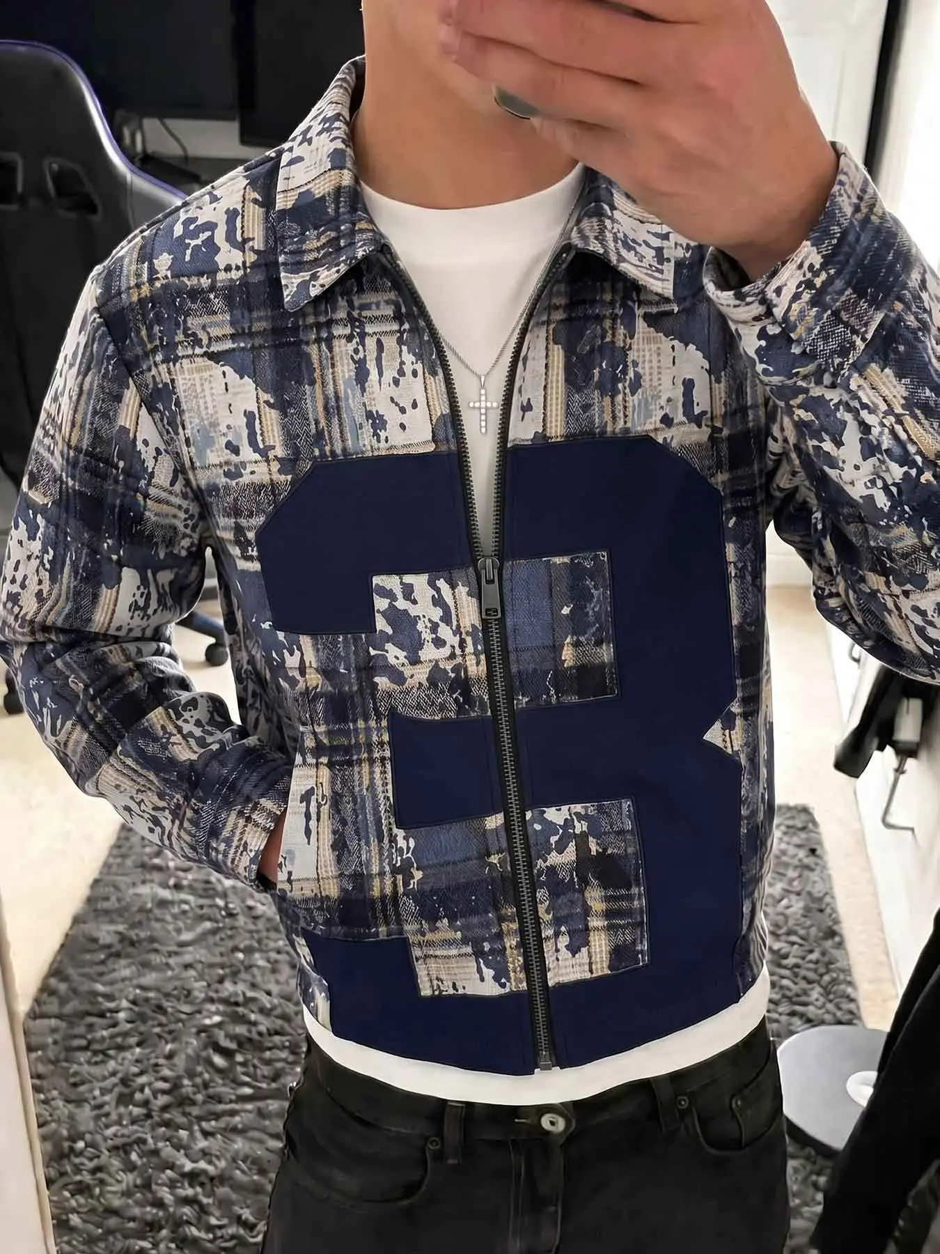 Men Vintage Splatter Plaid 23 Number Patchwork Zip Up Cropped Long Sleeve Jacket, Distressed Check Lapel Full Zip Street Casual Outerwear For Y2K Teen Campus Daily Spring Fall Outfits #y2kmenjacket #streetcroppedjacket #plaidstreetwear