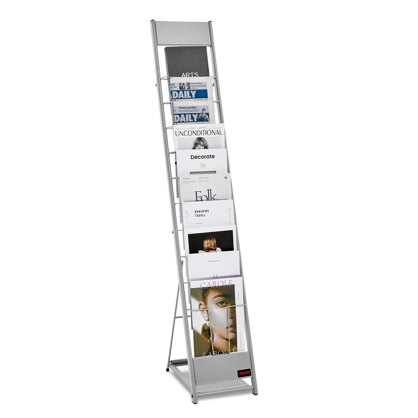 VEVOR Metal Brochure Display Rack - 10-Compartment Portable Floor-Standing Holder for Displaying Brochures, Magazines, Newspapers, Catalogs, Ideal for Shops, Silver (Pet Supplies Compatible), 10 Compartments, Universal