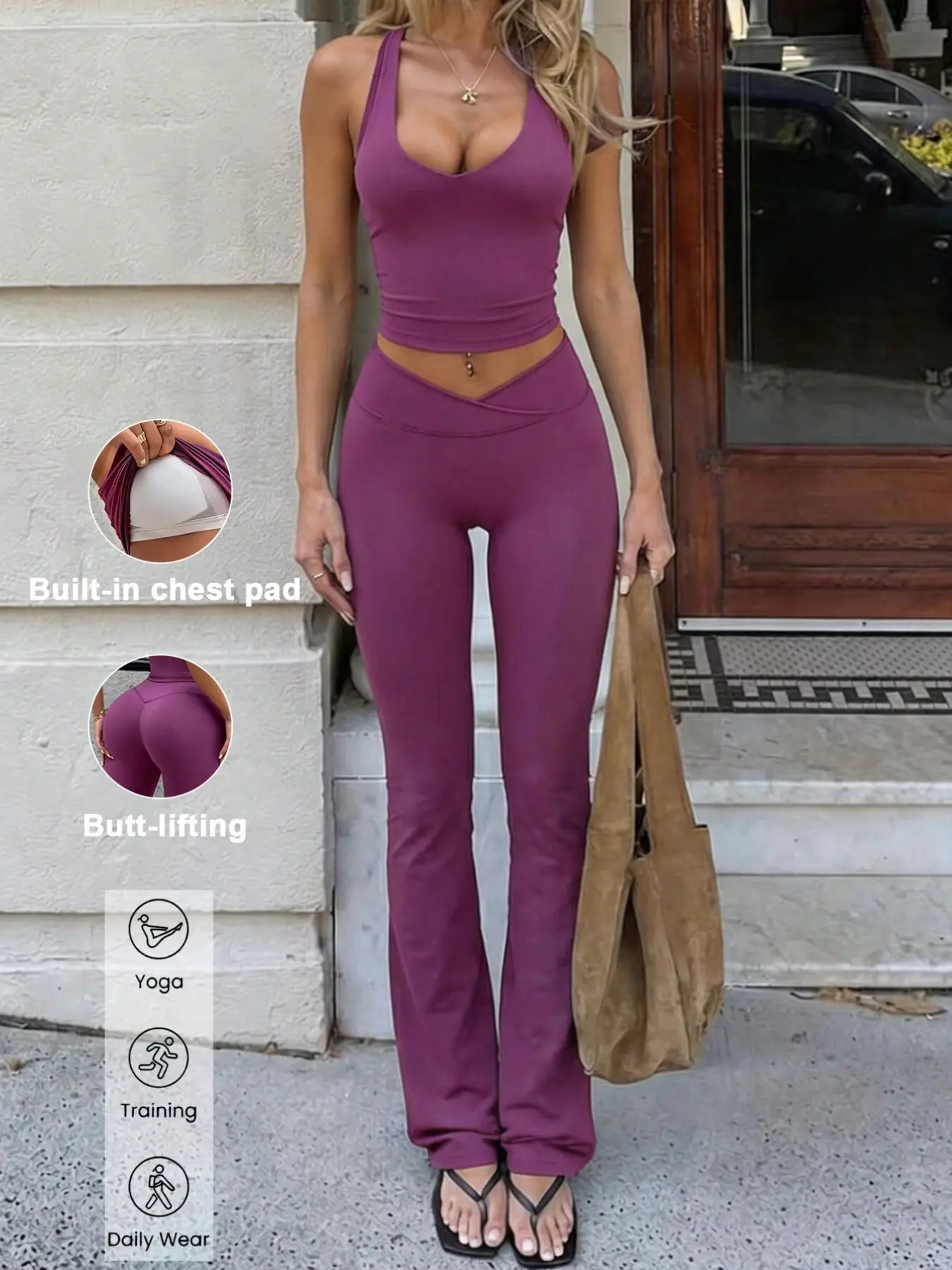 Women's Sporty Casual 2-Piece Set, Sexy Backless V-Neck Sleeveless Crop Tank Tops with Chest Pad and Criss Cross High-Waisted Tummy Control Butt Lifting Flare Leggings Pants, for Yoga, Training, Gym and Daily Wear, Athleisure Activewear