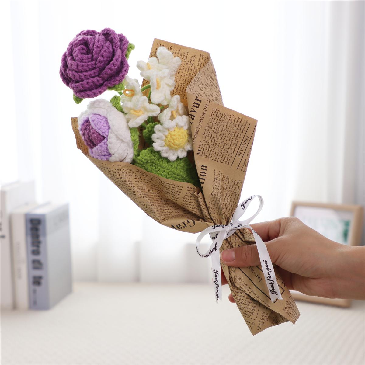 Artificial Flower Bouquet, 1 Count Handmade Crochet Flower Bouquet, Decorative Flower for Home Wedding Party Gift, Creative Olympic Flower Bouquet, Artificial Flower Decoration, Crochet Flowers Bouquet