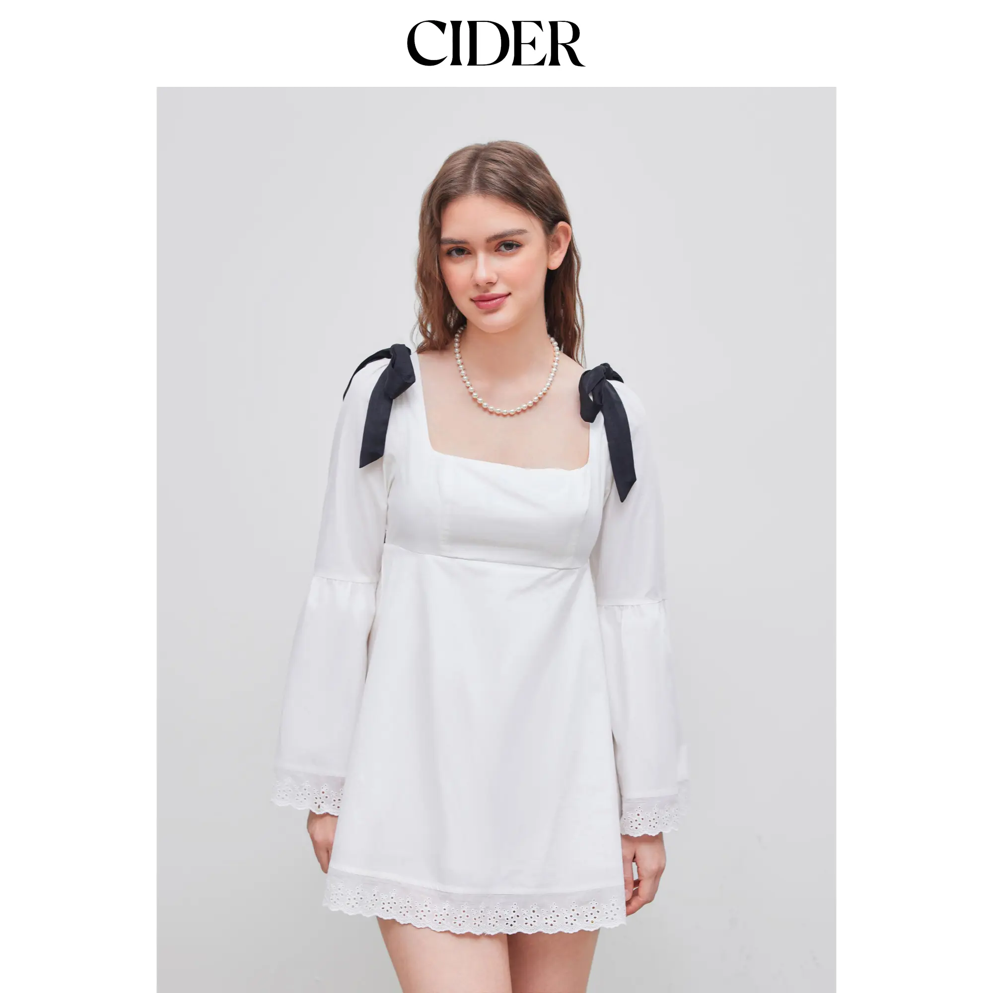 Cider [size 0-10] Square Neck Solid Broderie Anglaise Hem Knotted Mini Dress SummerFinds