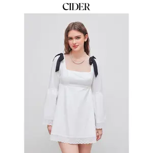 Cider [size 0-10] Square Neck Solid Broderie Anglaise Hem Knotted Mini Dress Dealsforyou