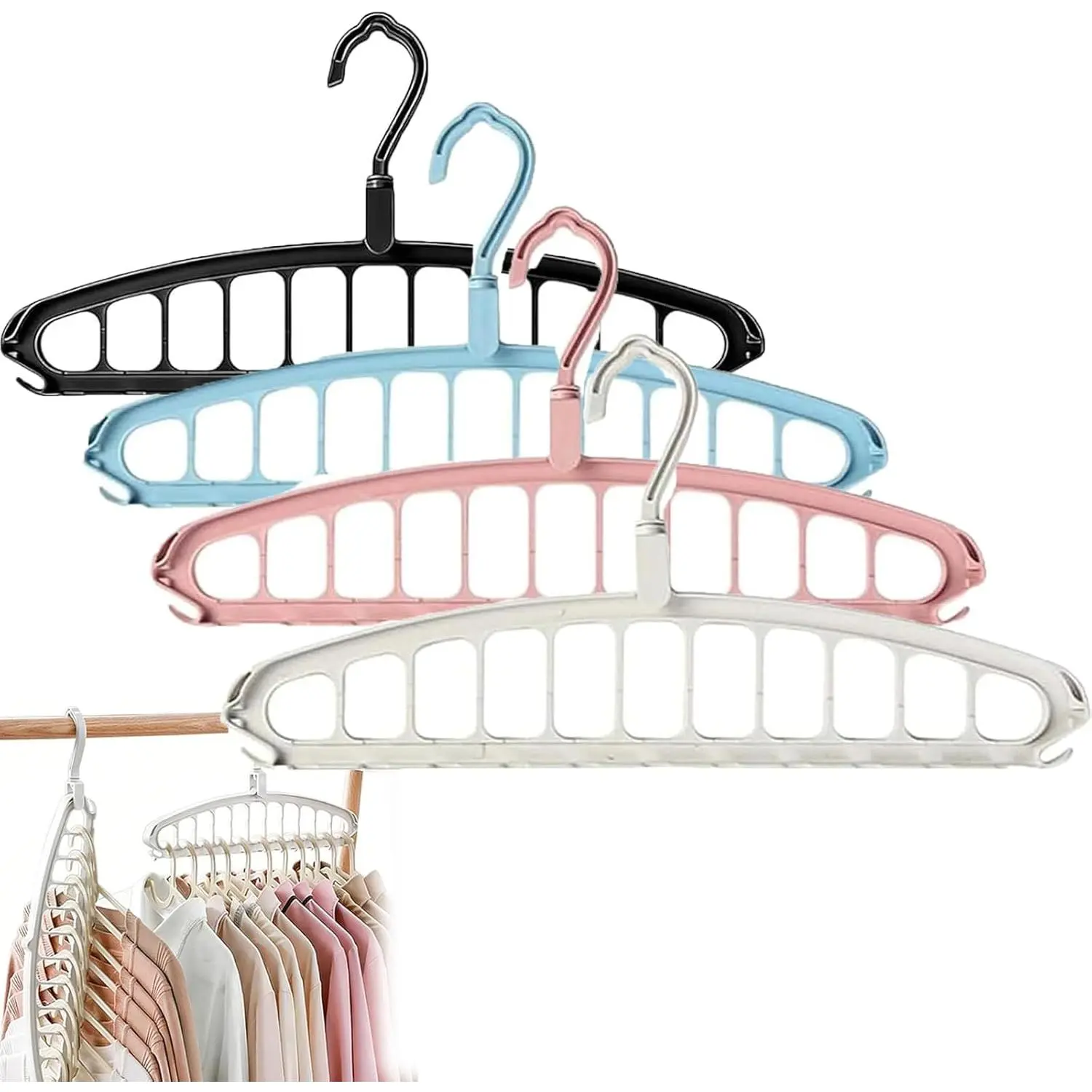 2 Pack 11-Hole Multifunctional Foldable Clothes Hangers, 360° Rotatable Cascading Clothing Hanger, Space Saving Stackable Garment Organizer for Wardrobe Closet Storage